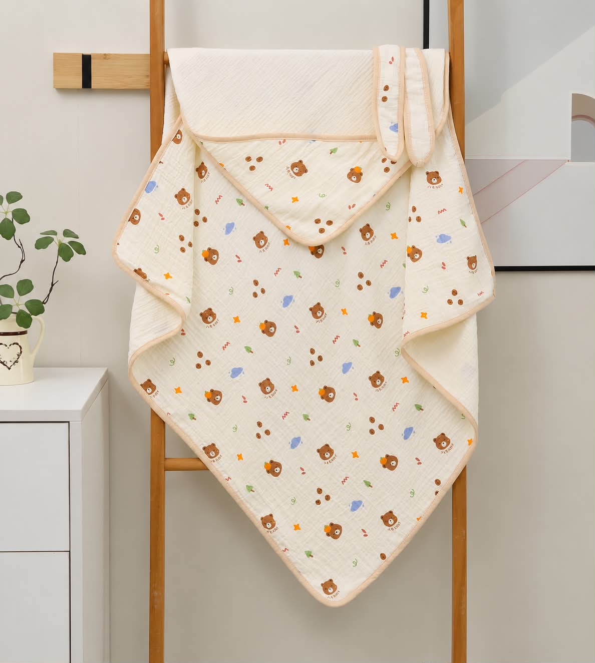 Muslin Crepe Hooded Blanket - Teddy Bear