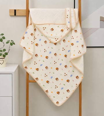 Muslin Crepe Hooded Blanket - Teddy Bear