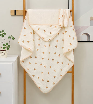 Muslin Crepe Hooded Blanket - Teddy Bear Small